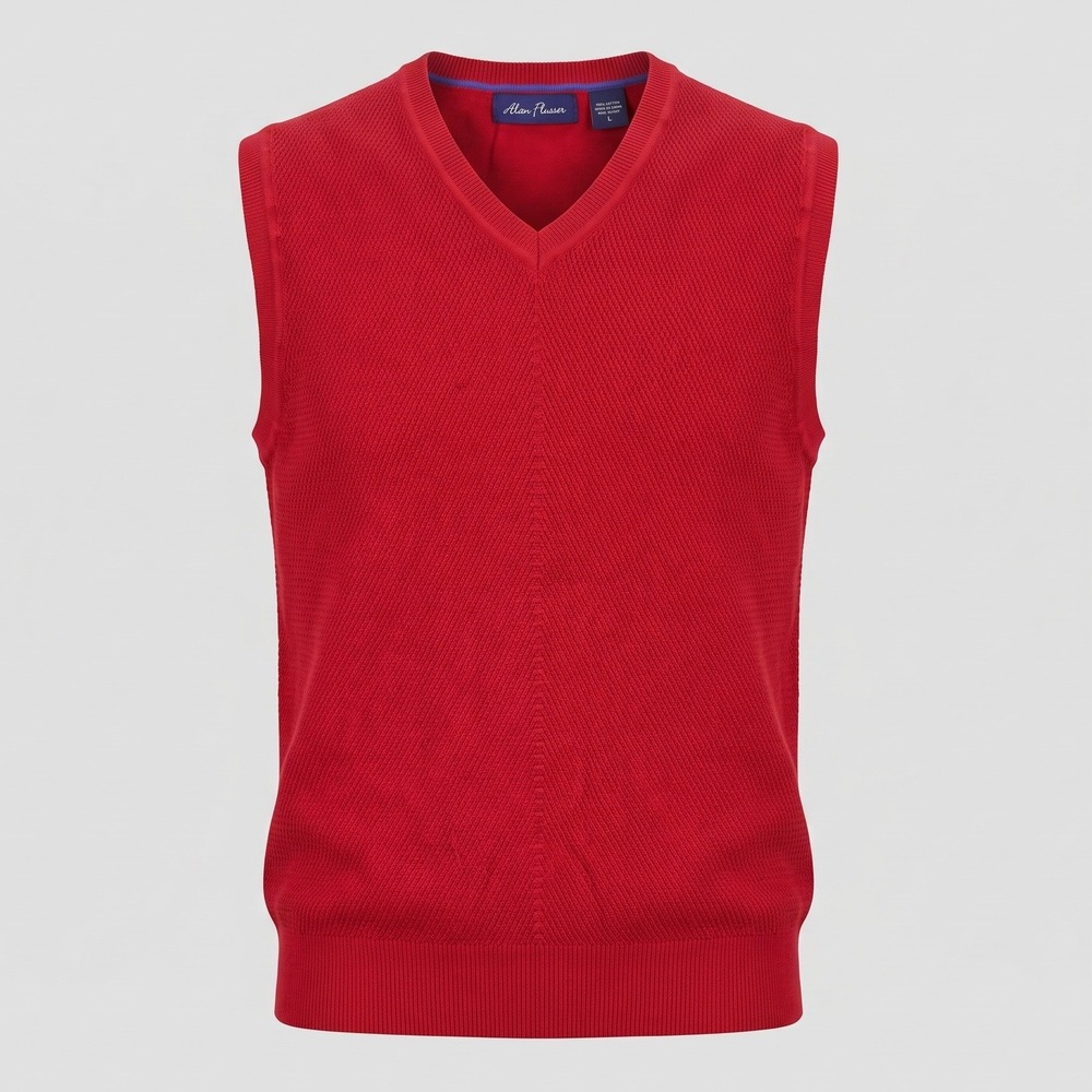 Alan Flusser Mens Large Red Sweater Vest V-Neck 100% Cotton Textured Knit